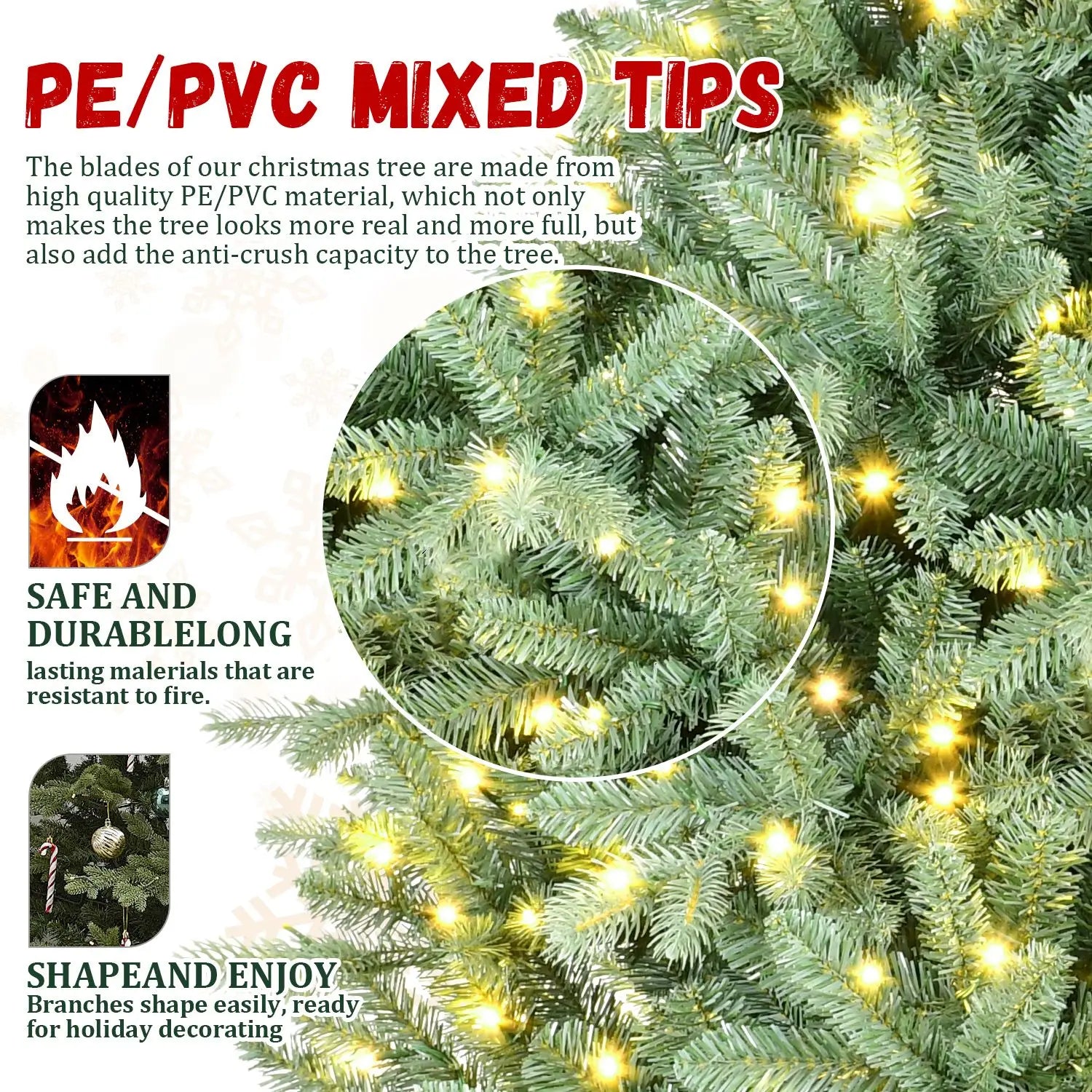 HKM-755219 7ft Blue-Green Mixed PE/PVC Hinged Artificial Christmas Tree with Lights