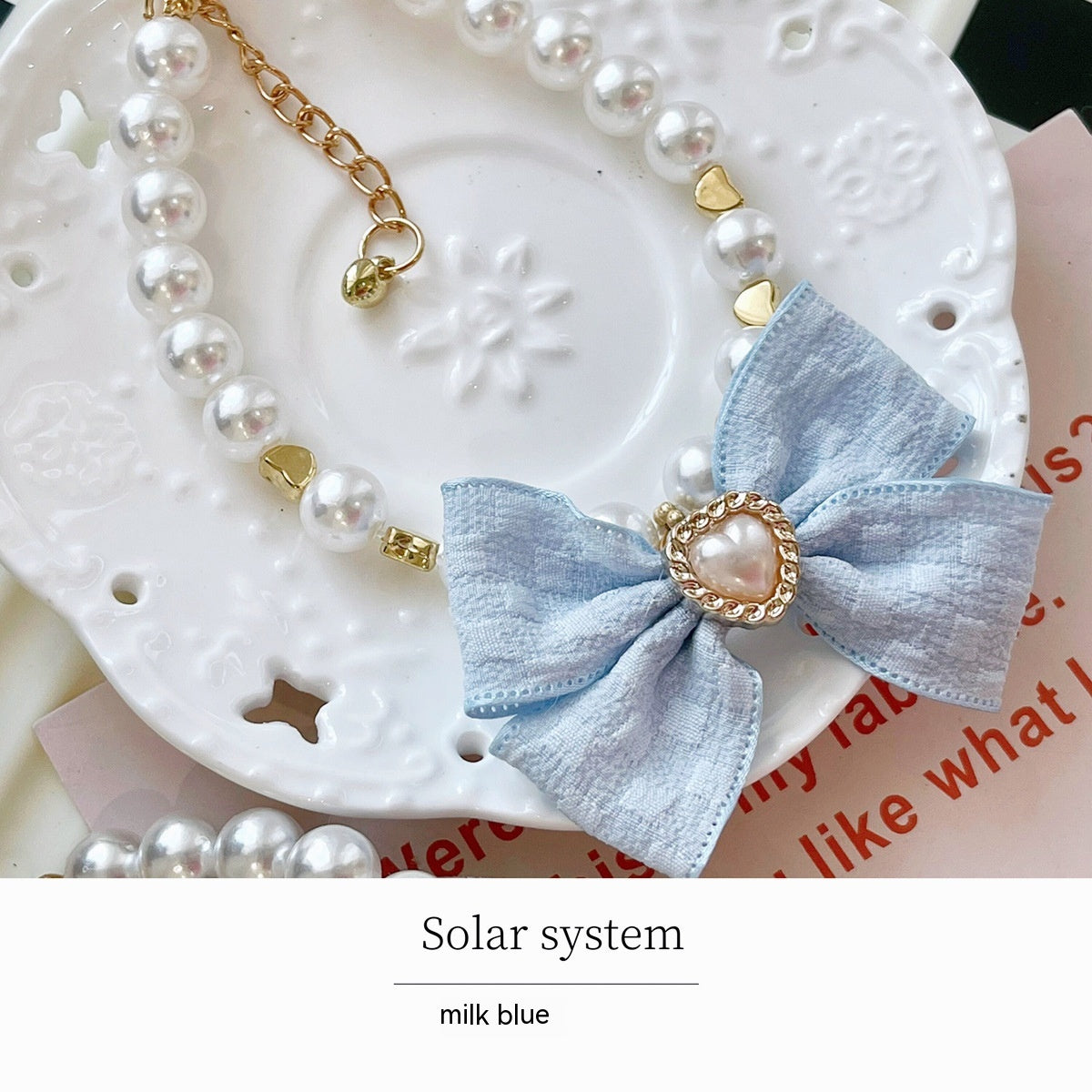 HKM-7555133 Elegant Pearl Collar with Bow for Pets - Available in White and Milk Blue, Various Sizes