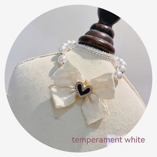 HKM-7555133 Elegant Pearl Collar with Bow for Pets - Available in White and Milk Blue, Various Sizes