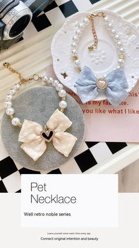 HKM-7555133 Elegant Pearl Collar with Bow for Pets - Available in White and Milk Blue, Various Sizes