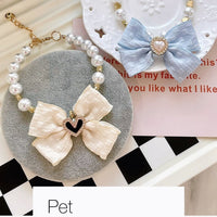 HKM-7555133 Elegant Pearl Collar with Bow for Pets - Available in White and Milk Blue, Various Sizes