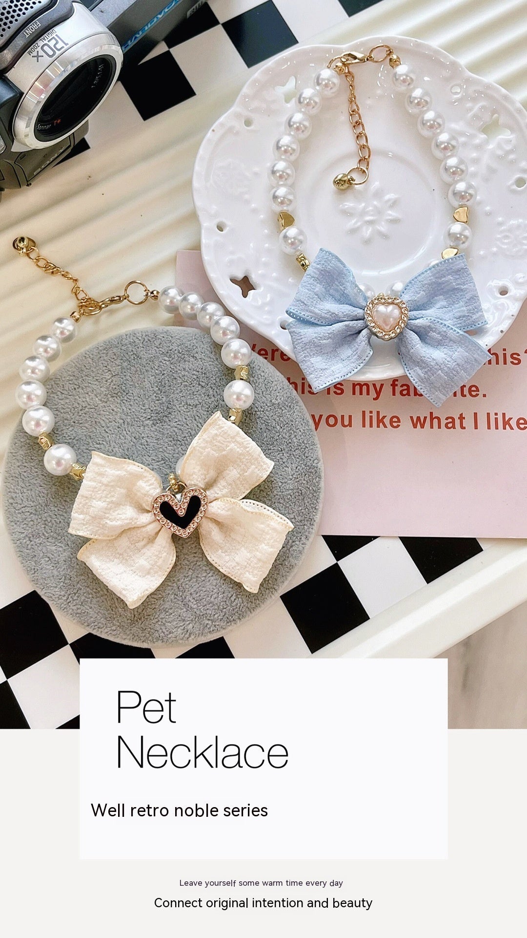 HKM-7555133 Elegant Pearl Collar with Bow for Pets - Available in White and Milk Blue, Various Sizes