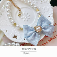 HKM-7555133 Elegant Pearl Collar with Bow for Pets - Available in White and Milk Blue, Various Sizes