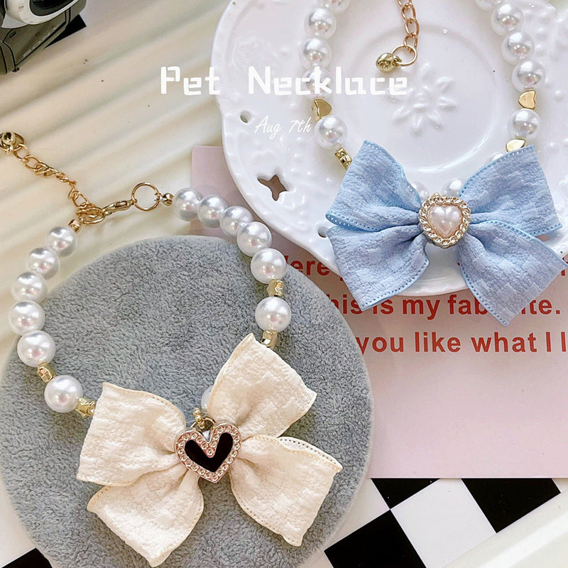 HKM-7555133 Elegant Pearl Collar with Bow for Pets - Available in White and Milk Blue, Various Sizes