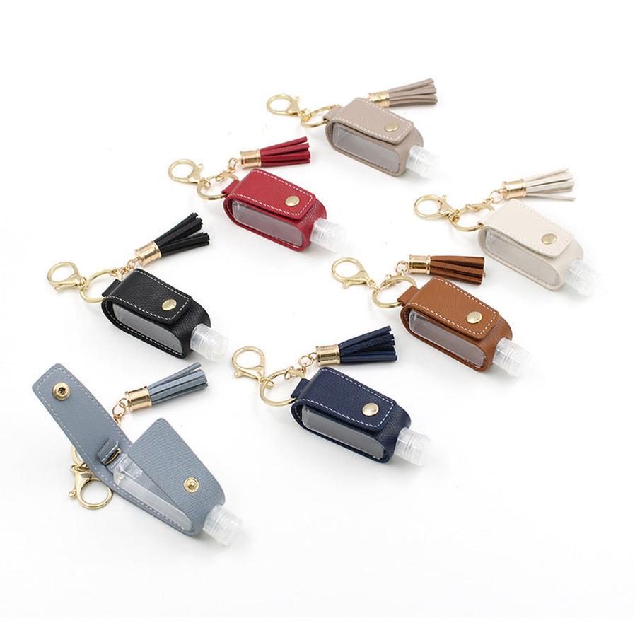 HKM-755667 Portable Keychain Hand Sanitizer Bottle with Leather Card Holder - 30ml Refillable Travel Container in Multiple Colors