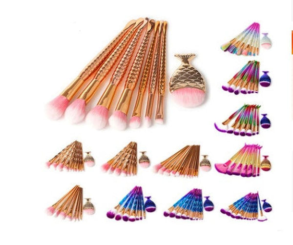 HKM-755987 Mermaid and Diamond Makeup Brush Set with 12 Nylon Brushes in Rose Gold and Colorful Designs