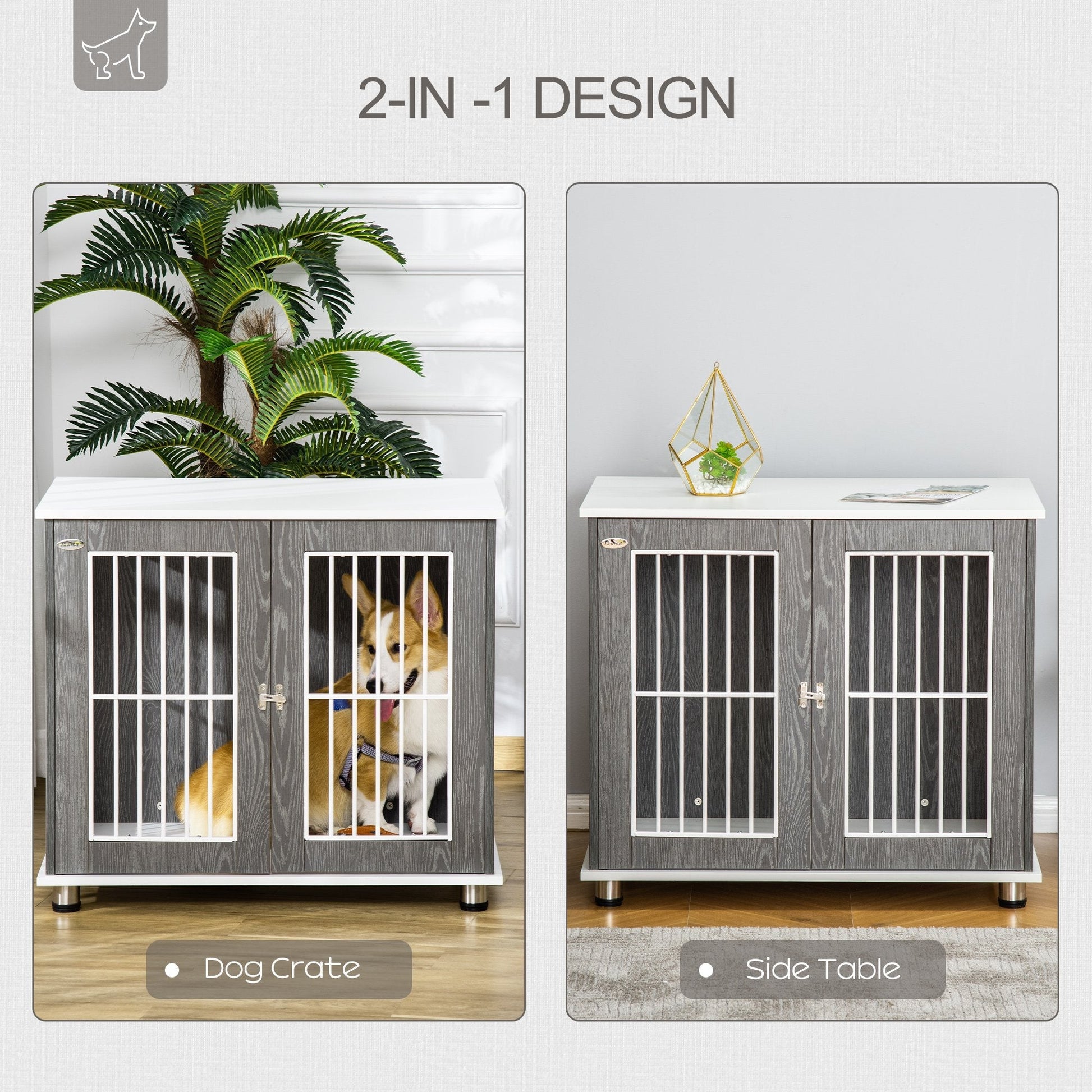 HKM-7562557 Two-in-One Dog Crate and End Table for Small to Medium Pets, Stylish Wooden Design with Lockable Door and Ventilated Windows