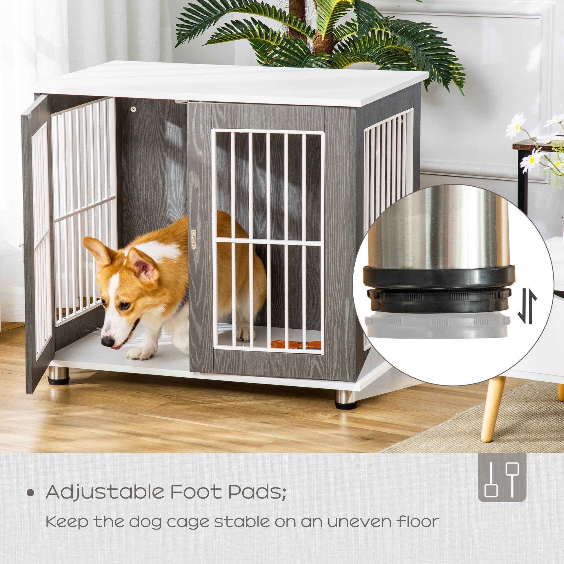 HKM-7562557 Two-in-One Dog Crate and End Table for Small to Medium Pets, Stylish Wooden Design with Lockable Door and Ventilated Windows
