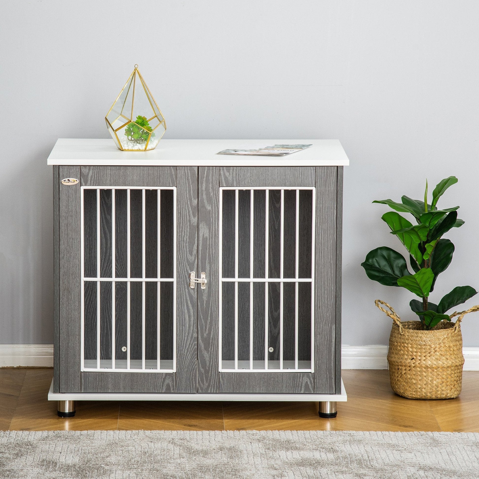 HKM-7562557 Two-in-One Dog Crate and End Table for Small to Medium Pets, Stylish Wooden Design with Lockable Door and Ventilated Windows