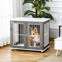 HKM-7562557 Two-in-One Dog Crate and End Table for Small to Medium Pets, Stylish Wooden Design with Lockable Door and Ventilated Windows