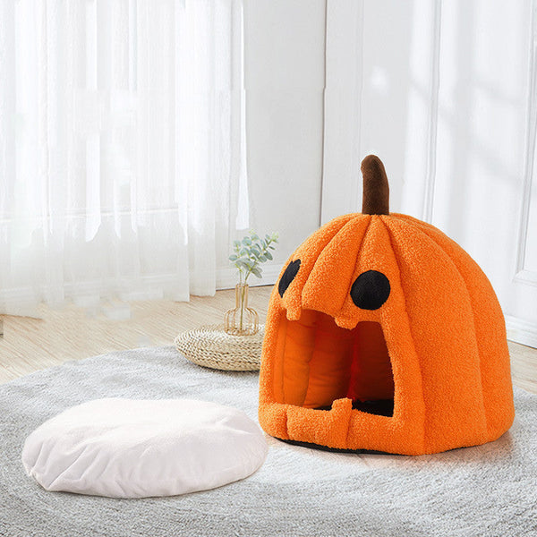 HKM-7562941 Cozy Pumpkin-Shaped Semi-Enclosed Pet Bed for Cats and Dogs