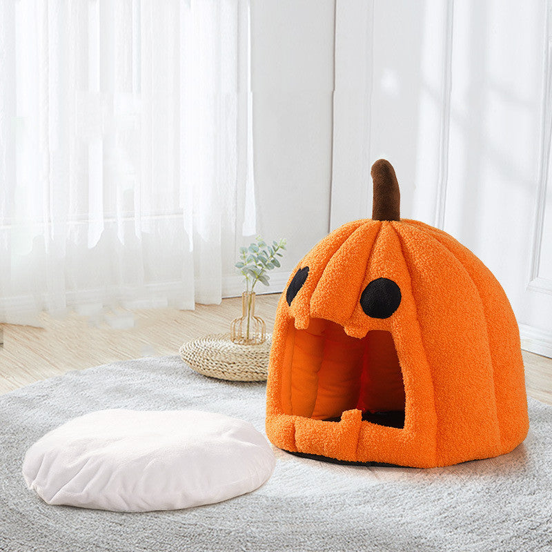 HKM-7562941 Cozy Pumpkin-Shaped Semi-Enclosed Pet Bed for Cats and Dogs