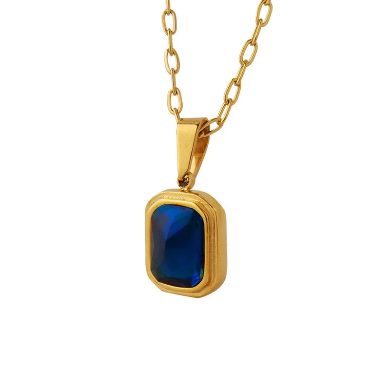 HKM-756307 Vintage Style Titanium Steel Square Stone Pendant Necklace 18K Gold Plated Blue Diamond Stainless Steel Necklace