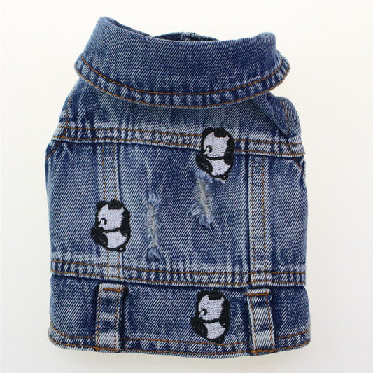 HKM-7563453 Ripped Panda Embroidered Denim Vest for Dogs in Various Sizes