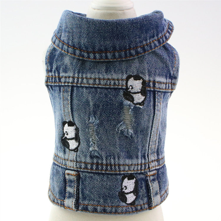 HKM-7563453 Ripped Panda Embroidered Denim Vest for Dogs in Various Sizes