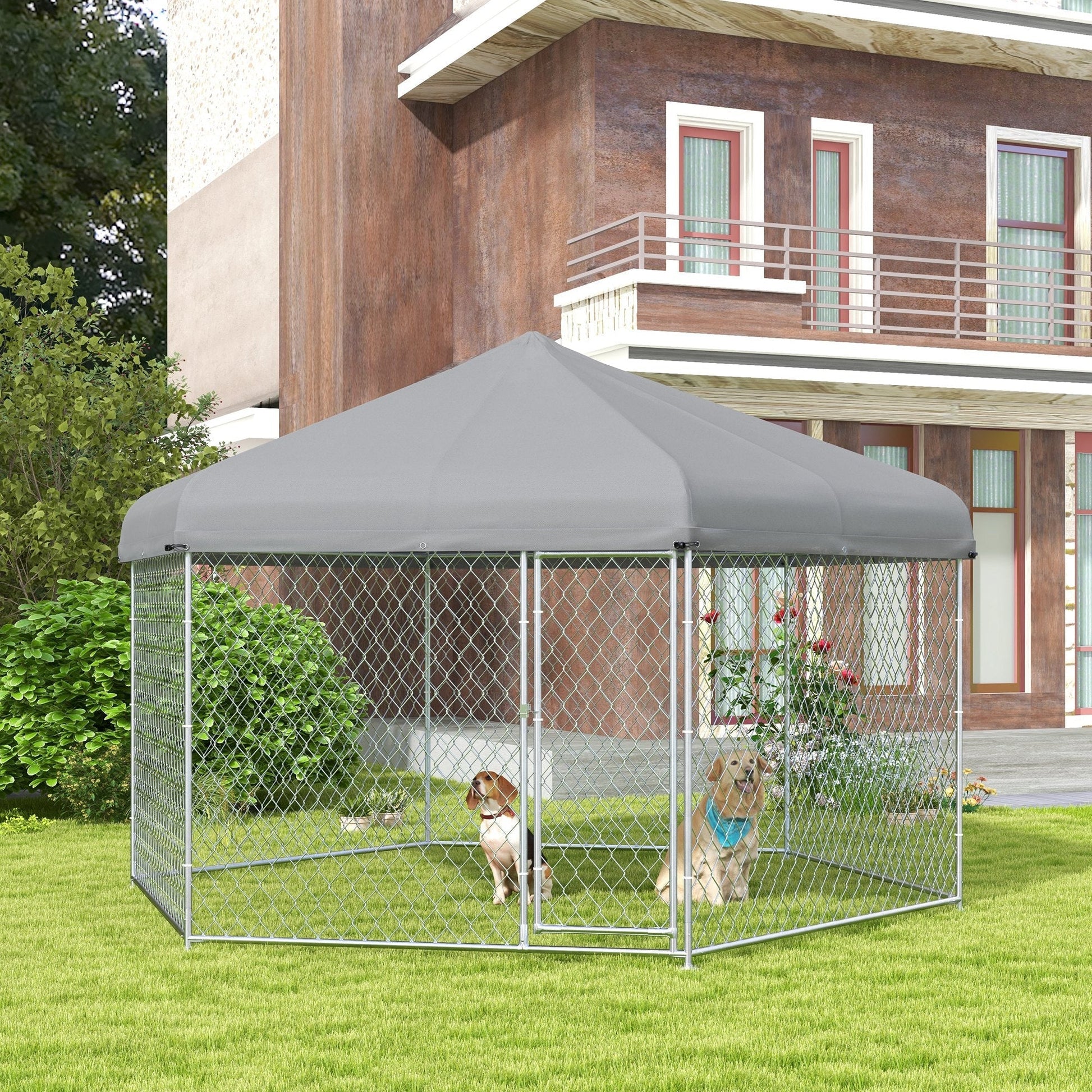 HKM-7568317 Large Dog Kennel with Waterproof Canopy and Lockable Door for Outdoor Use