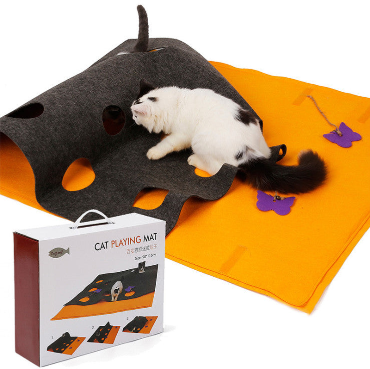 HKM-7571261 DIY Cat Play Puzzle Tunnel and Pet Mat ¨C Felt Fabric with Sound Paper, Bell & Butterfly Toys, Versatile Design for Multi-Cat Fun