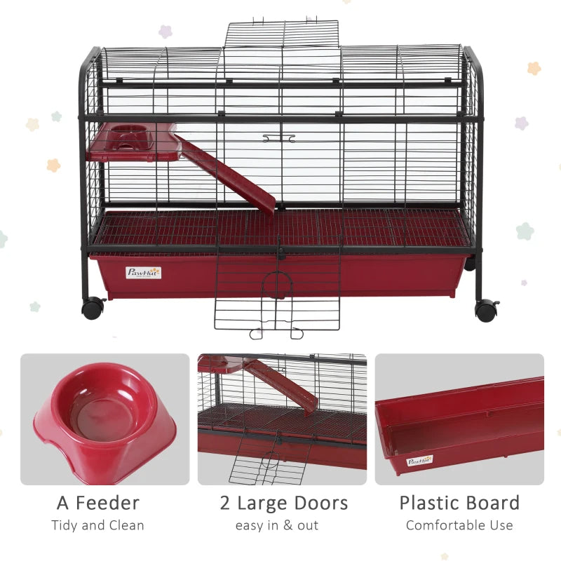HKM-7574077 Mobile Multi-Level Small Animal Cage with Ramp and Feeder for Rabbits and Ferrets