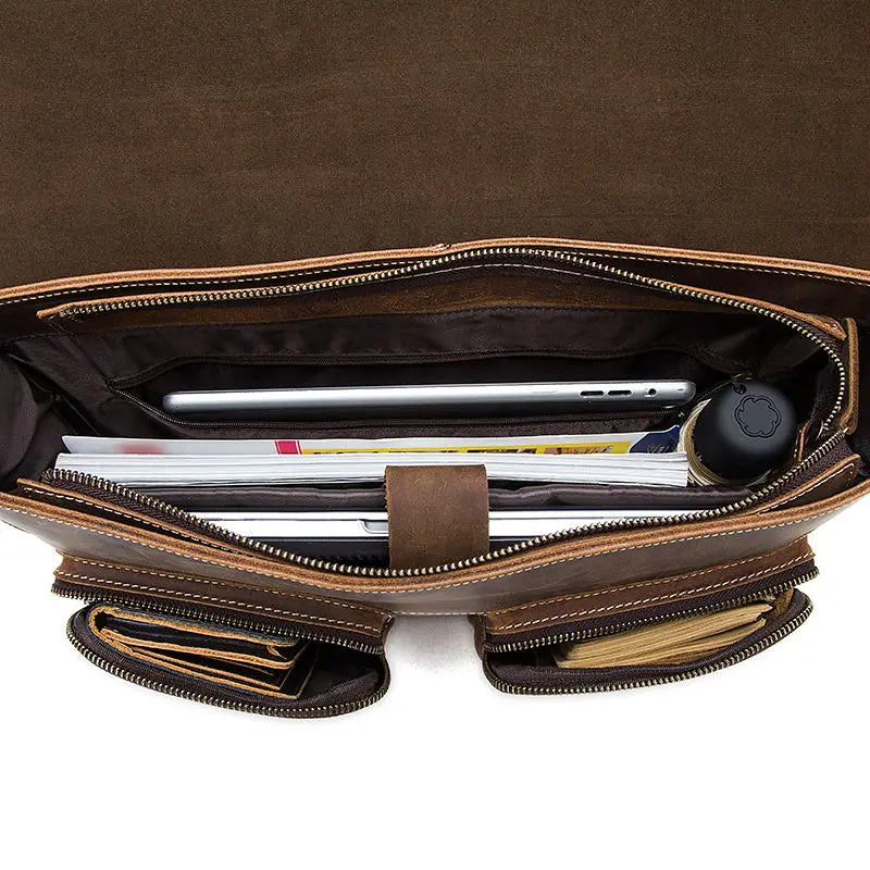 HKM-757459 Genuine Cow Leather 17 Inch Laptop Briefcase with Large Capacity for Men