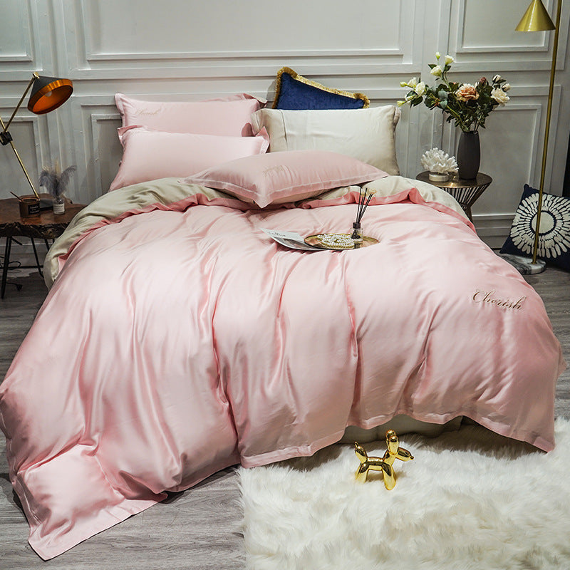 HKM-757907 Solid Color Tencel Bedding Set – 4-Piece Quilted Comforter, Bed Sheet & Pillowcase for 1.5-2m Beds