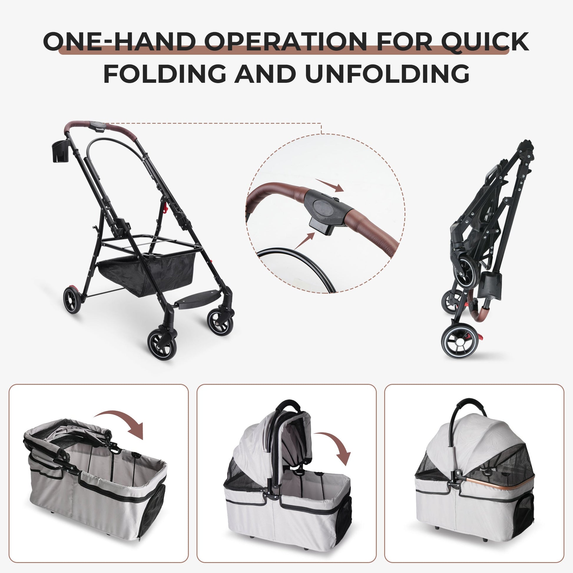 HKM-7581629 Compact Foldable Stroller for Small Dogs and Cats with Adjustable Canopy and Storage Basket