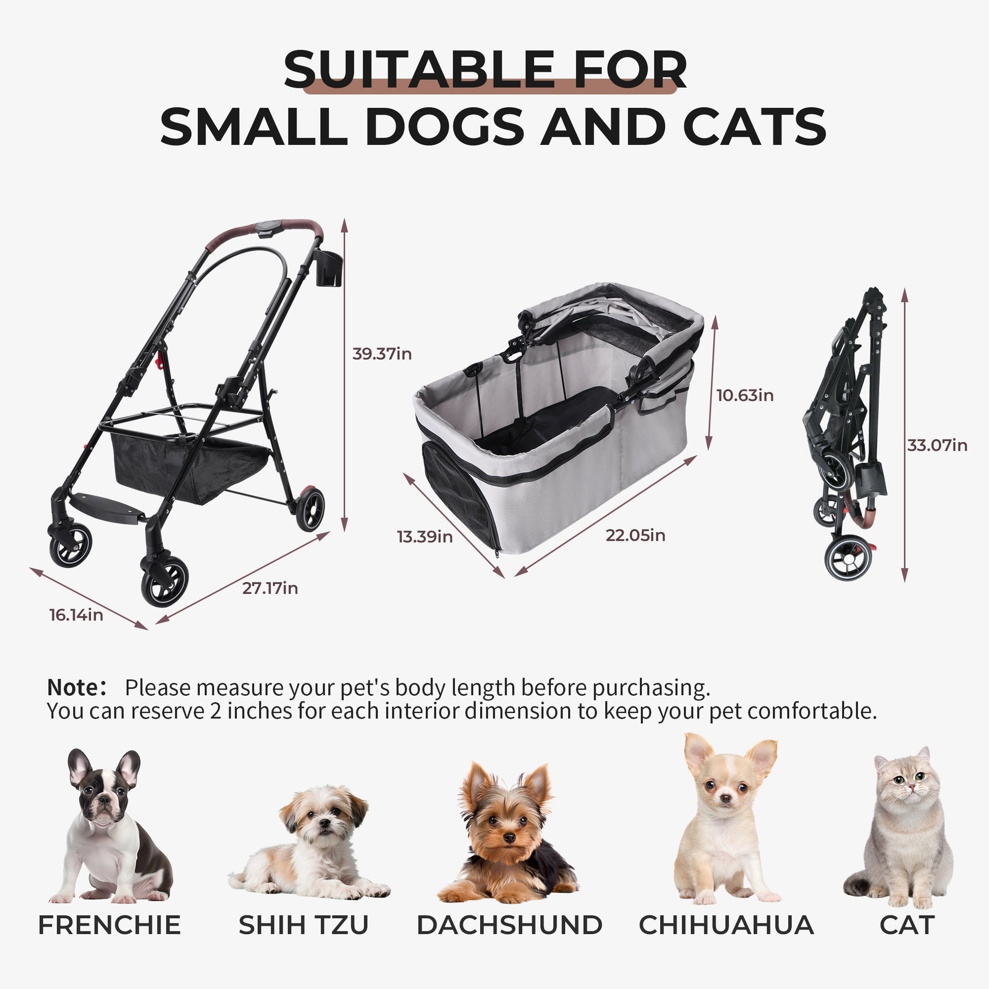 HKM-7581629 Compact Foldable Stroller for Small Dogs and Cats with Adjustable Canopy and Storage Basket