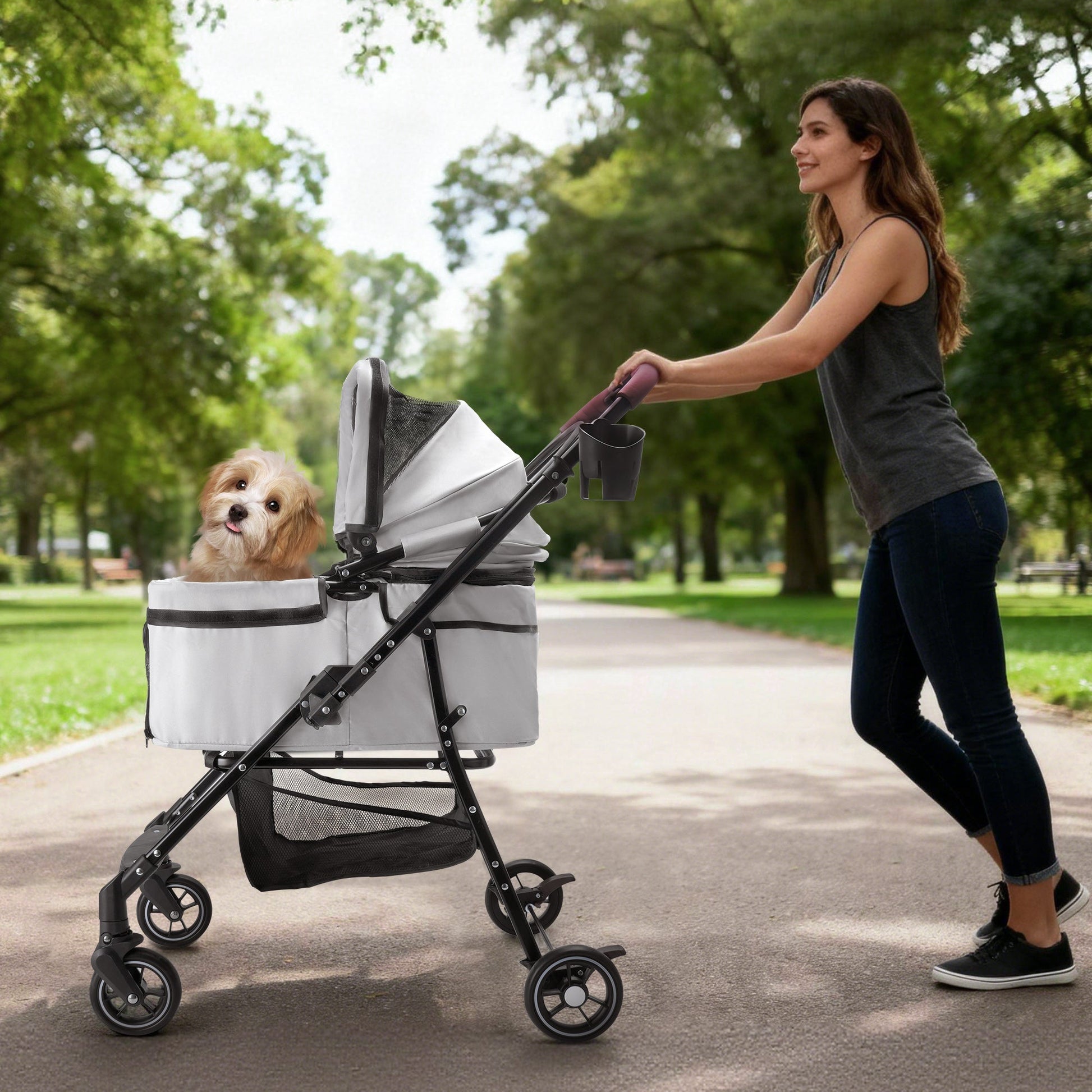HKM-7581629 Compact Foldable Stroller for Small Dogs and Cats with Adjustable Canopy and Storage Basket