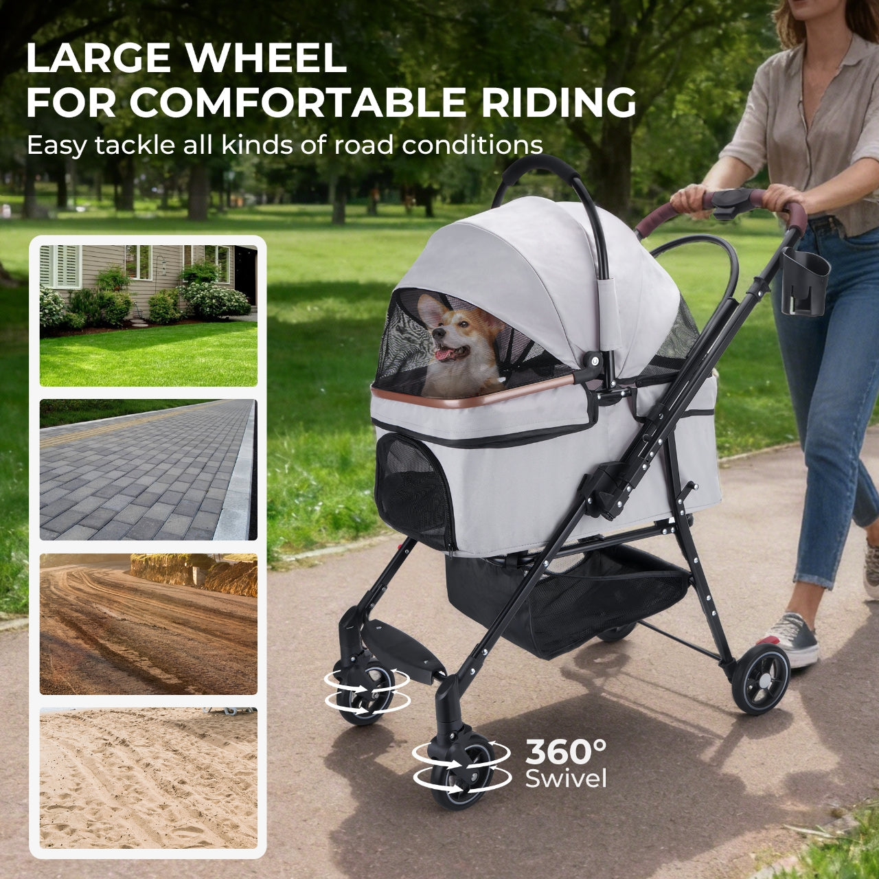 HKM-7581629 Compact Foldable Stroller for Small Dogs and Cats with Adjustable Canopy and Storage Basket
