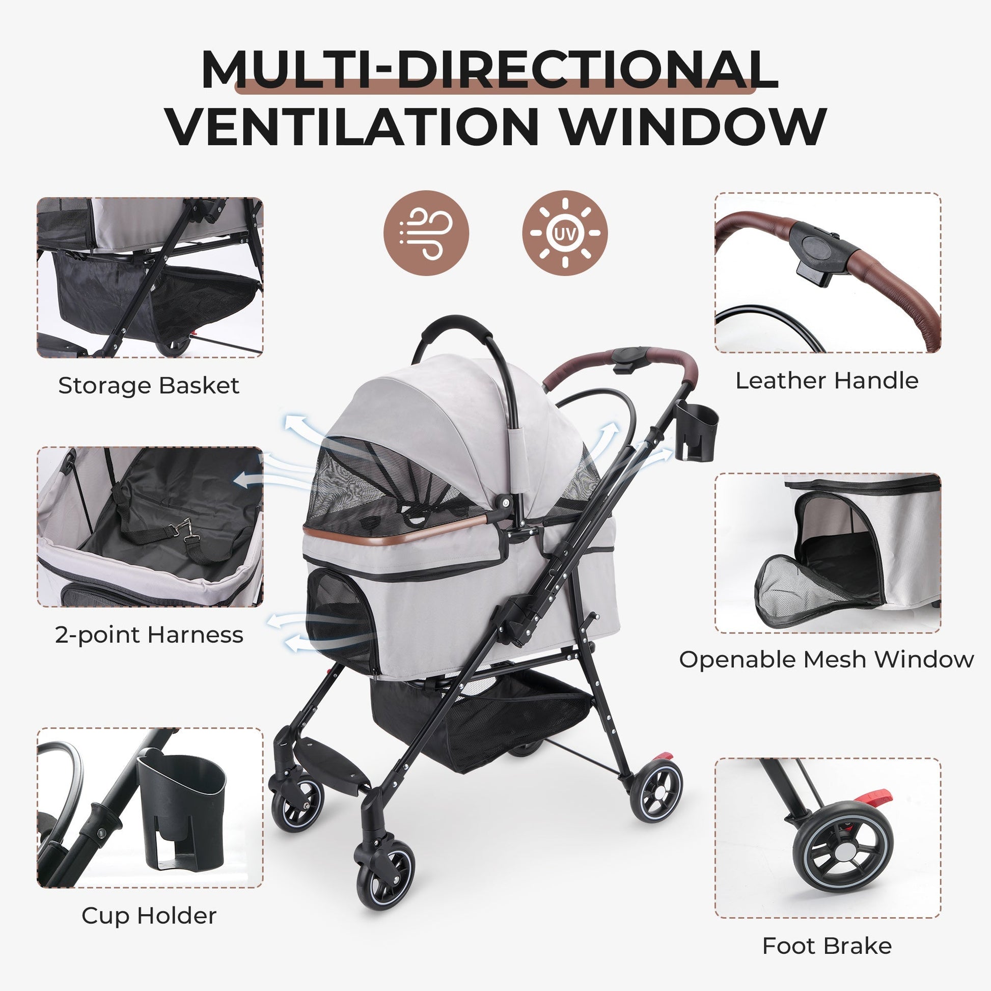 HKM-7581629 Compact Foldable Stroller for Small Dogs and Cats with Adjustable Canopy and Storage Basket
