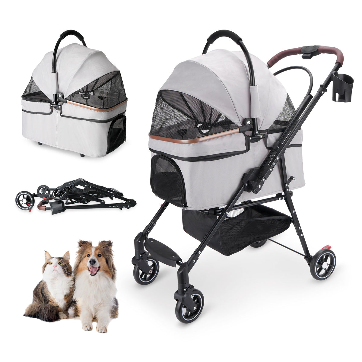 HKM-7581629 Compact Foldable Stroller for Small Dogs and Cats with Adjustable Canopy and Storage Basket