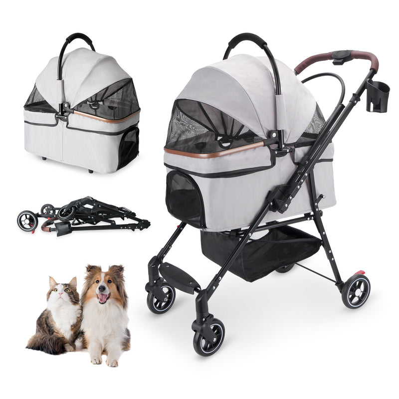 HKM-7581629 Compact Foldable Stroller for Small Dogs and Cats with Adjustable Canopy and Storage Basket