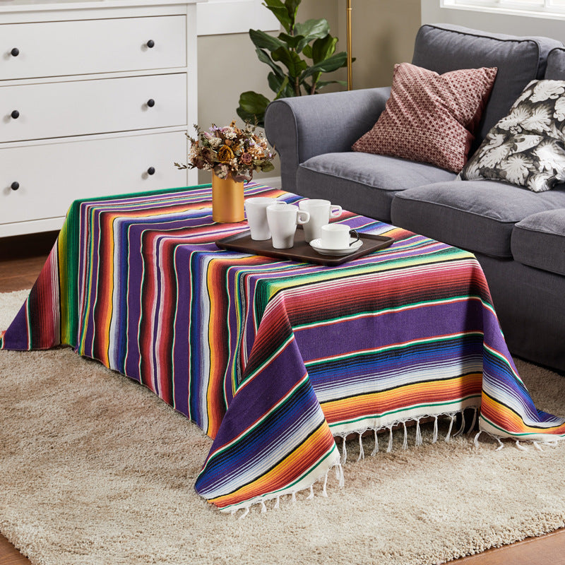 HKM-758995 Woven Cotton Tablecloth with Tassels - Versatile Beach Blanket, Picnic Mat & Home Decor
