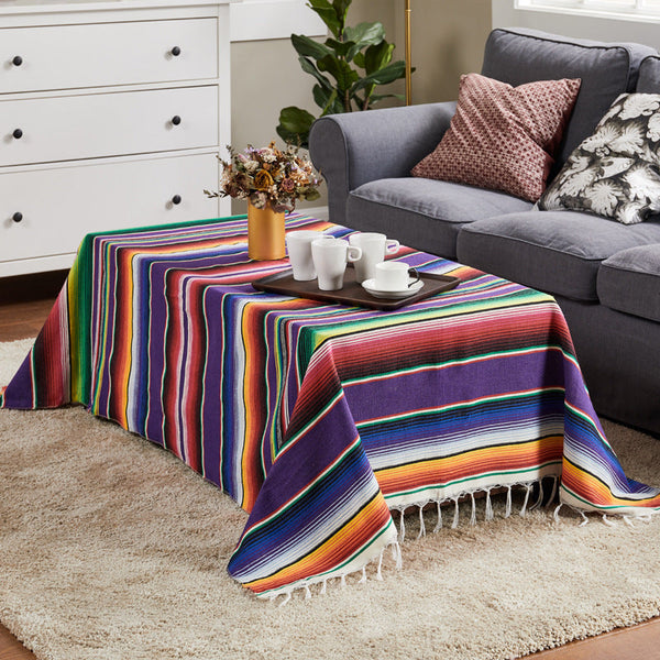 HKM-758995 Woven Cotton Tablecloth with Tassels - Versatile Beach Blanket, Picnic Mat & Home Decor