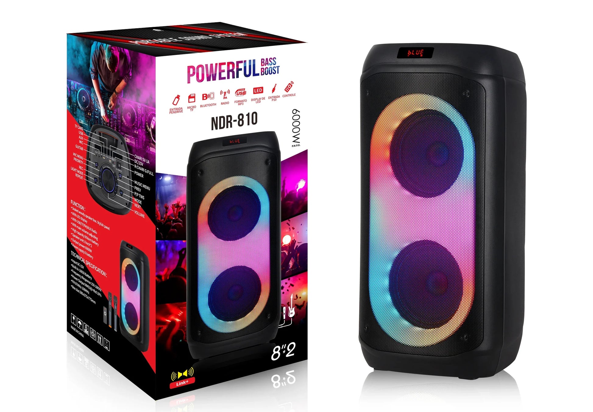 HKM-759059 Portable Dual 8 Inch Party Speaker with Powerful Bass and Wireless Functionality