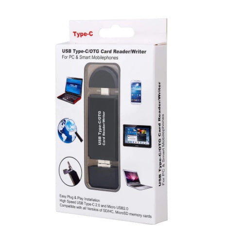 HKM-759123 USB 3.0 Type-C Card Reader for SD and TF Memory Cards, Plug and Play, Black