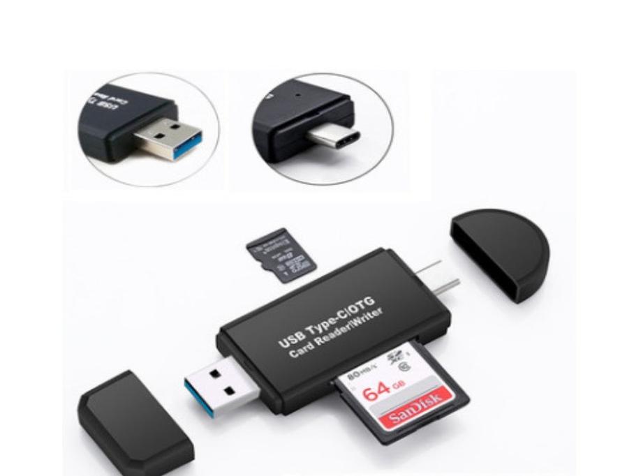 HKM-759123 USB 3.0 Type-C Card Reader for SD and TF Memory Cards, Plug and Play, Black
