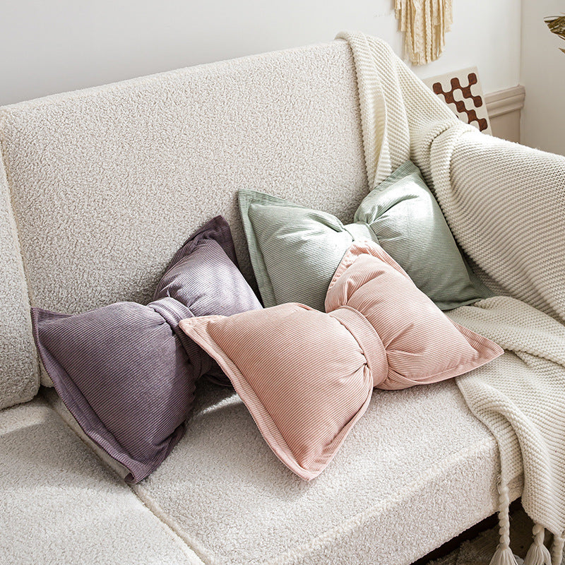 HKM-759187 Creative Bowknot Cotton Lumbar Pillow in Solid Colors – 30x50cm with Removable Core