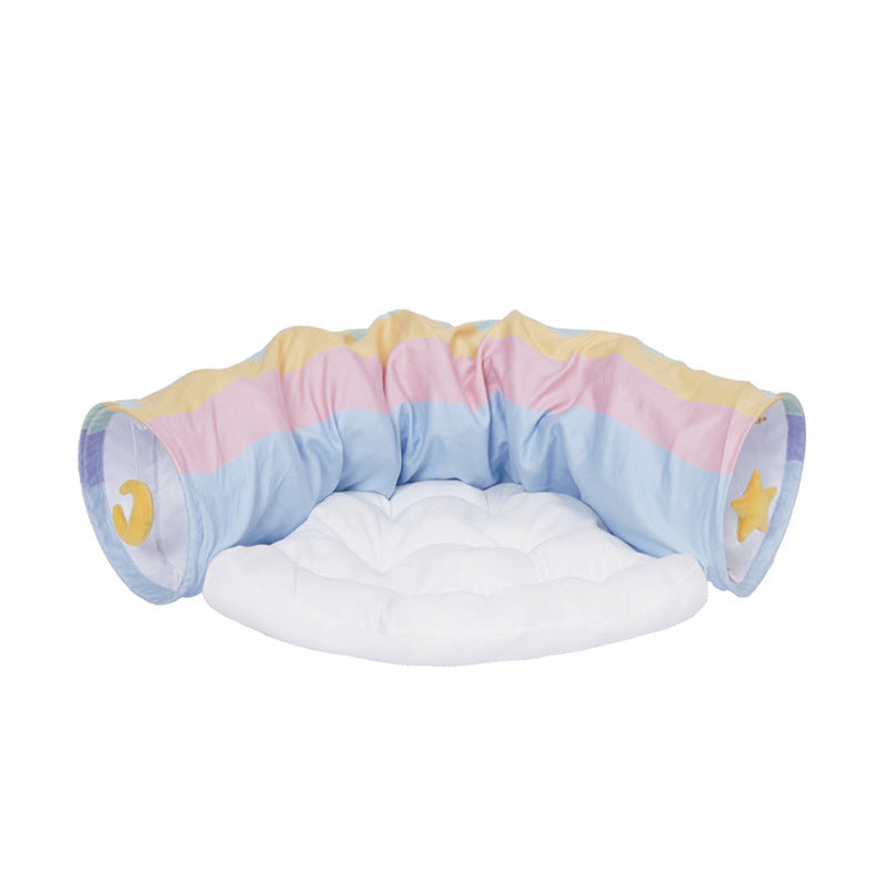 HKM-7596733 Rainbow Cat Tunnel Bed - Removable, Washable Fabric Pet Nest with Cat Litter, Four Seasons Use