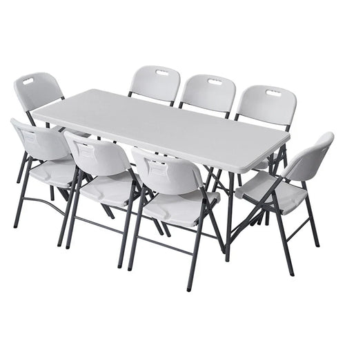 HKM-760083 Portable 8ft and 6ft White Rectangular Plastic Folding Table with Chairs for Outdoor Events