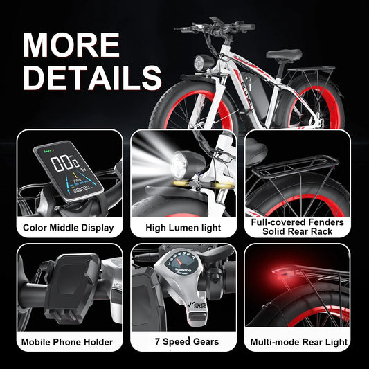 HKM-760147 48V 1000W Full Suspension Fat Tire Electric Mountain Bike for Adults with 26" Wheels and 7-Speed Gears