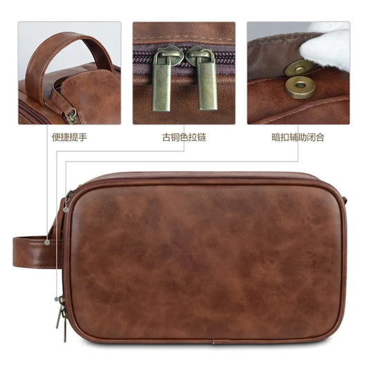 HKM-760275 Large Capacity PU Leather Men's Toiletry Bag - Retro Multifunctional Travel Storage
