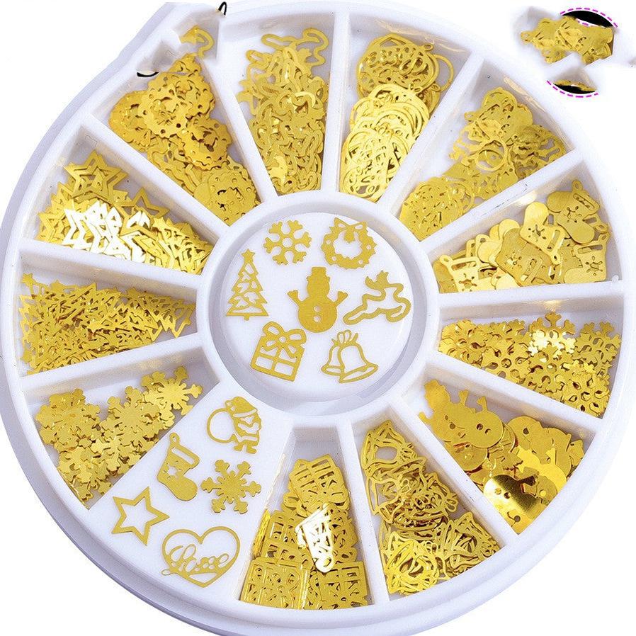 HKM-760851 Metallic 3D Snowflake Nail Sequins - 240 Piece Set in Gold, Silver, Bronze, and Black