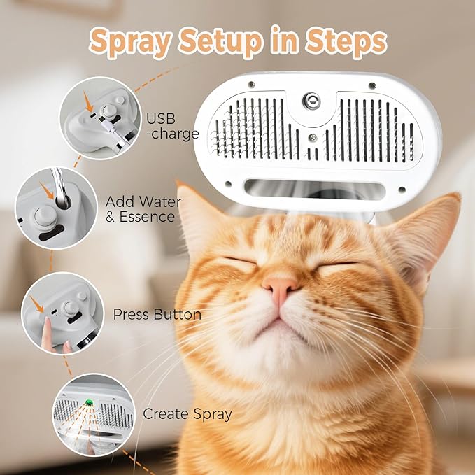 HKM-7608765 3-in-1 Pet Steam Brush with Water Mist Spray for Grooming and Shedding, Self-Cleaning Design for Cats and Dogs