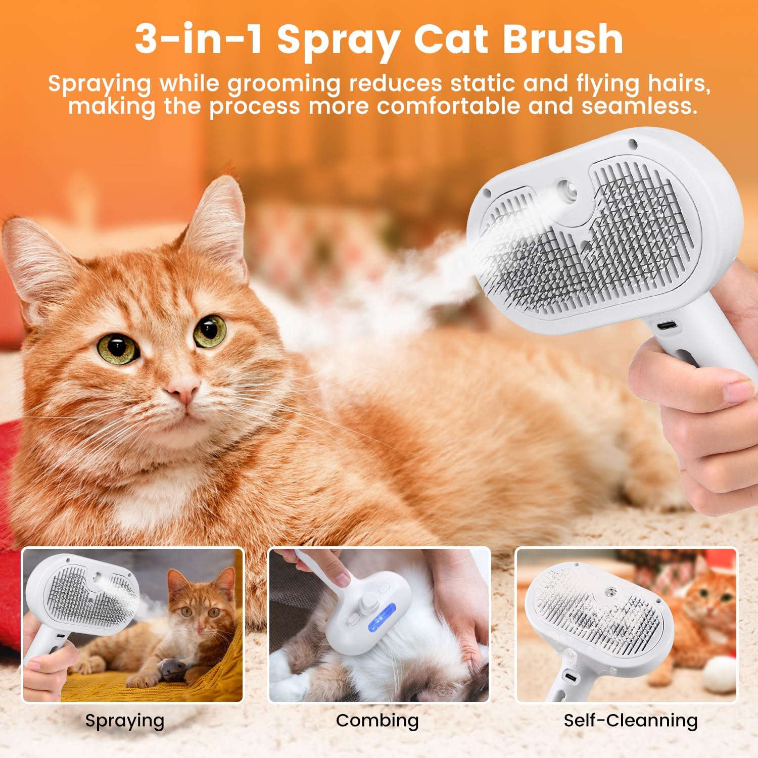 HKM-7608765 3-in-1 Pet Steam Brush with Water Mist Spray for Grooming and Shedding, Self-Cleaning Design for Cats and Dogs