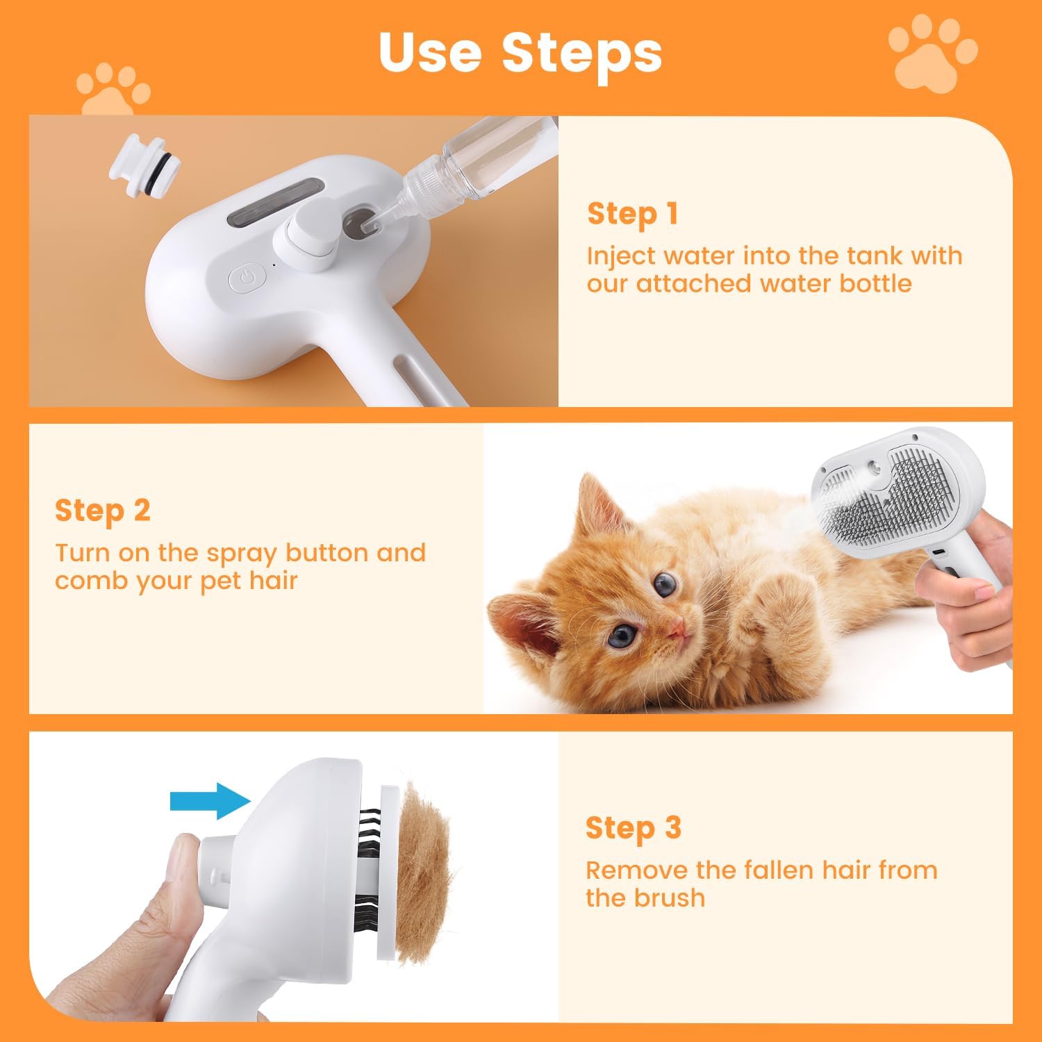 HKM-7608765 3-in-1 Pet Steam Brush with Water Mist Spray for Grooming and Shedding, Self-Cleaning Design for Cats and Dogs