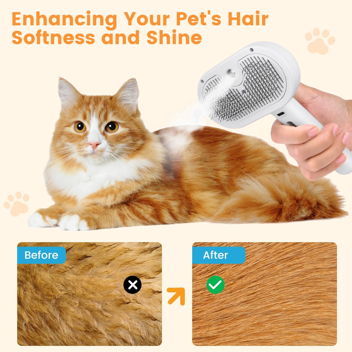 HKM-7608765 3-in-1 Pet Steam Brush with Water Mist Spray for Grooming and Shedding, Self-Cleaning Design for Cats and Dogs