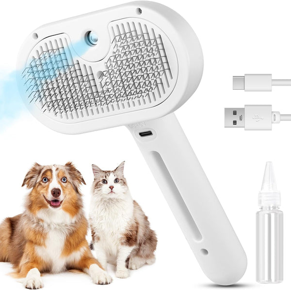 HKM-7608765 3-in-1 Pet Steam Brush with Water Mist Spray for Grooming and Shedding, Self-Cleaning Design for Cats and Dogs
