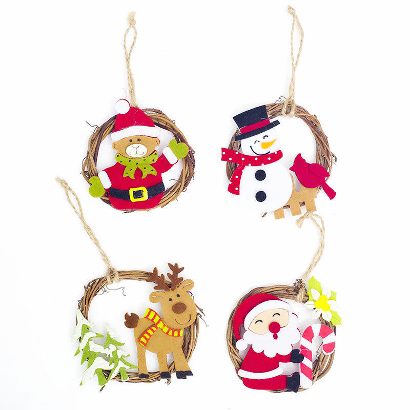 HKM-760979 Christmas Wicker Ornaments - Felt Santa Claus, Elk, Snowman & Bear Decorative Pendants (8x8cm)