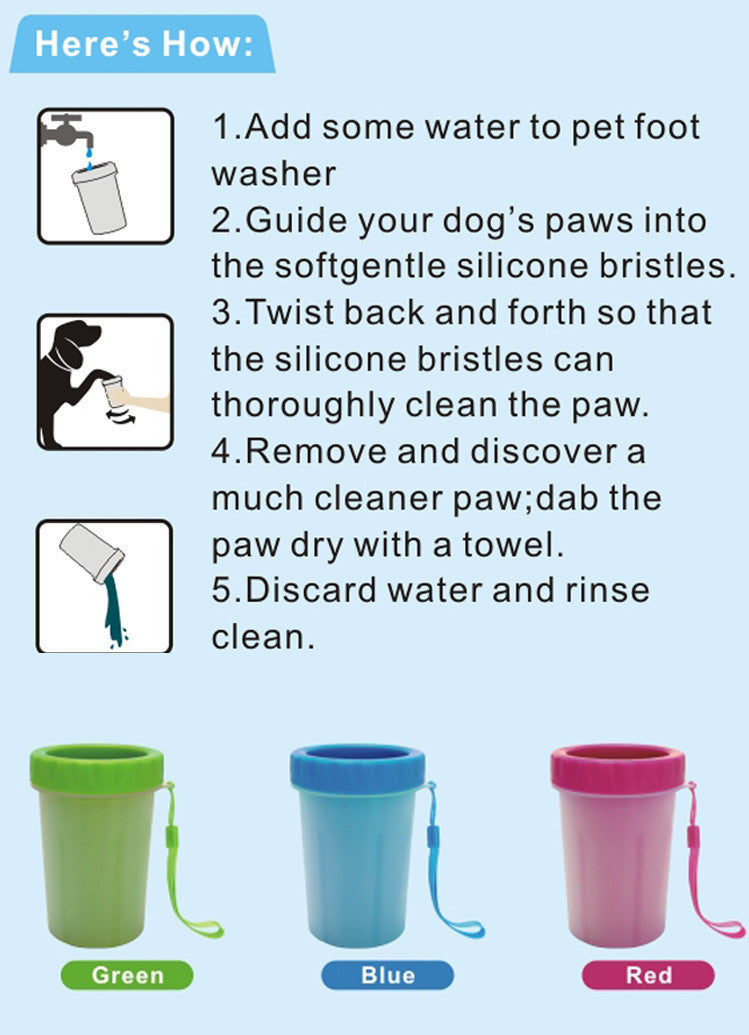 HKM-7610813 Dog Paw Cleanser with Soft Silicone Bristles and Flat Bottle Mouth in Pink, Blue, and Green