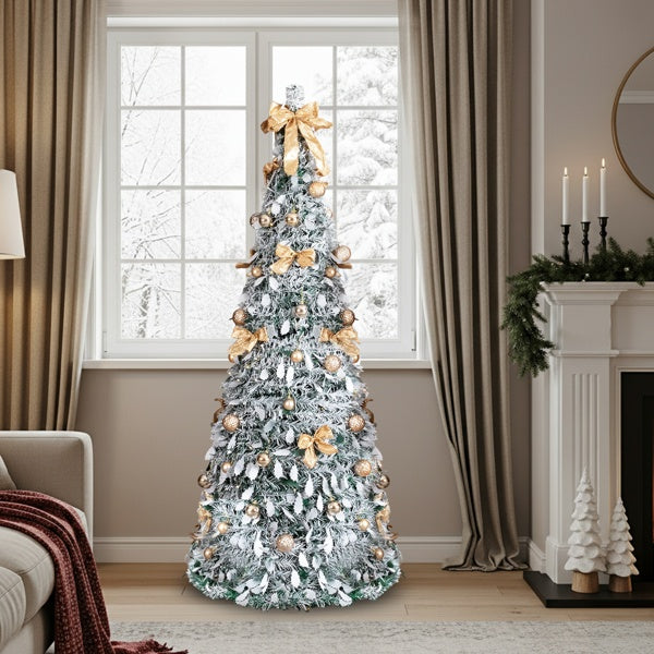 HKM-761491 6 FT Snow Flocked Pre-lit Christmas Tree with 100 Warm White Lights and Ornaments for Holiday Decor